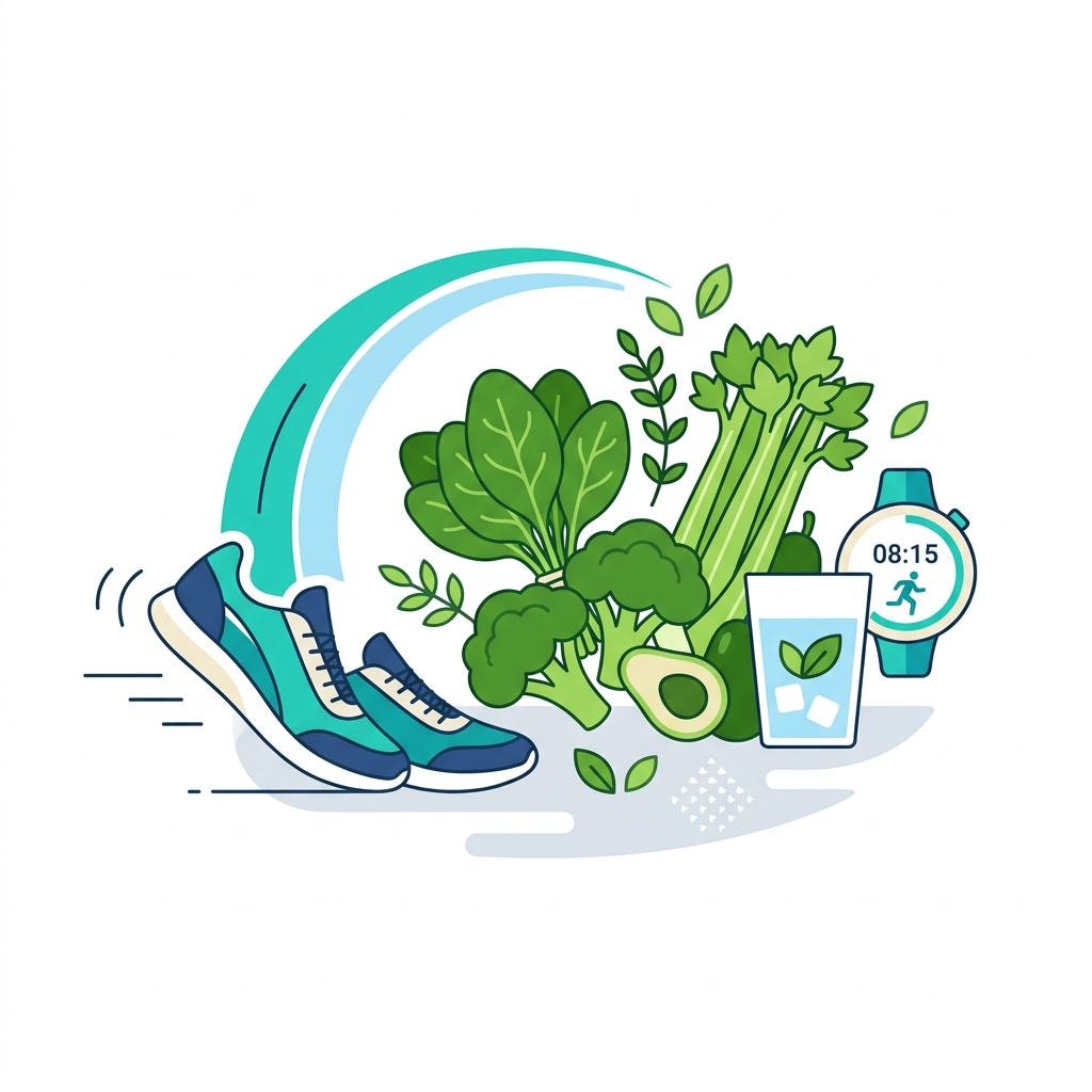 Minimalist flat vector cartoon illustration of a healthy lifestyle with fresh green vegetables and running shoes