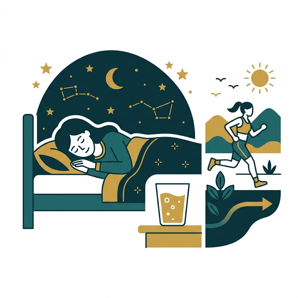 Minimalist flat vector cartoon illustration of overall wellness, featuring peaceful sleep, hydration, and exercise