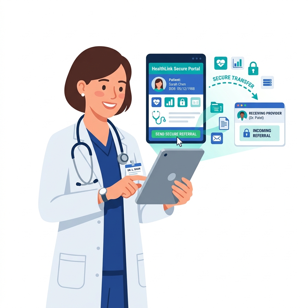 Minimalist flat vector cartoon illustration of a doctor sending a secure digital referral