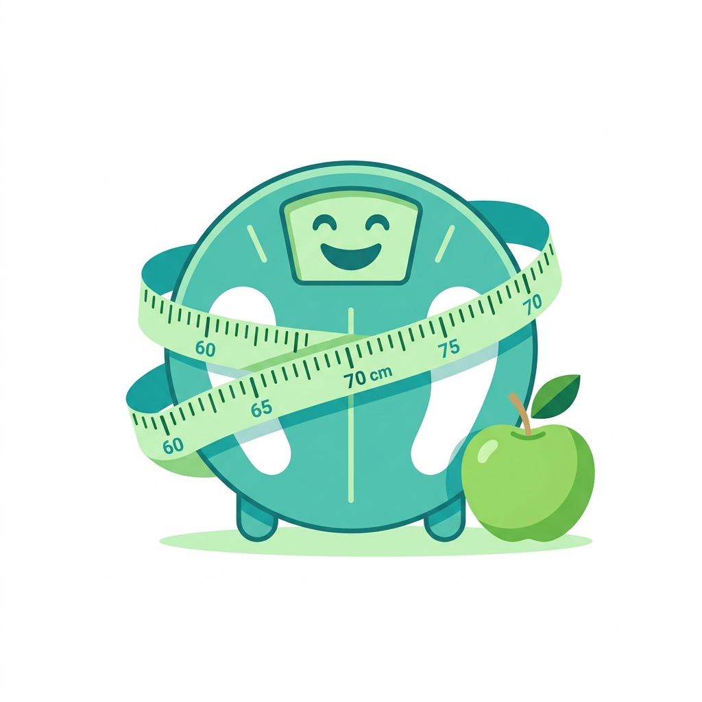 Minimalist flat vector cartoon illustration of weight loss wellness, featuring a body scale, measuring tape, and apple