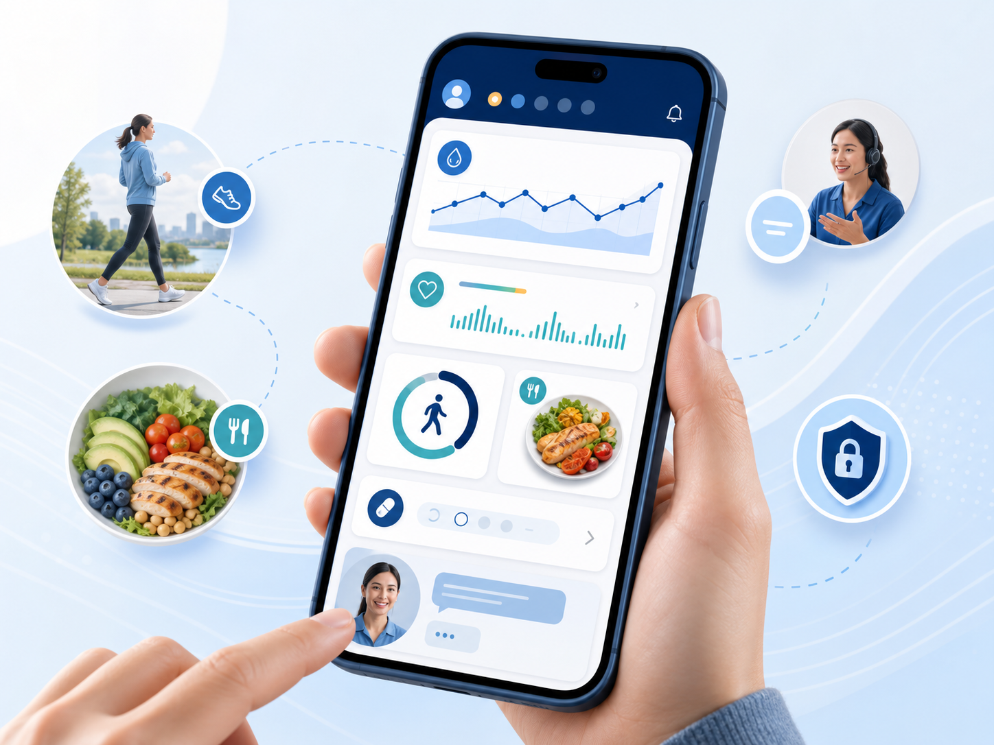 Illustration of a lifestyle health app with coaching, tracking, and wellness support